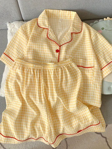 Ladies' Casual Home Wear Two-piece Set with Checkered Print Summer Pajamas Set, Short Sleeved Button Up Cardigan, Lapel Shirt, Shorts, s' Casual Home Wear