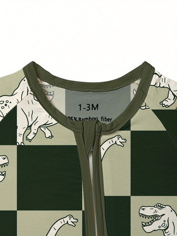 2pcs Bamboo Fiber baby onesies with dinosaur & big brown bear prints, double-sided zippers and matching pants - casual, all-season, machine washable - cute baby designs for babies, Bamboo Fiber baby clothes, great for the outdoors