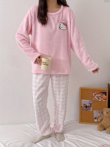 Sanrio Women'S Cozy Fleece Pajama Set - Cute Cartoon Dog & for Hello Kitty Pattern, Plaid Pants, Long Sleeve Top, All-Season Wear, Soft & Warm, Perfect for Teens, Cozy Loungewear | Cartoon Print Top | Soft Fabric Pajamas, Cute Pajamas
