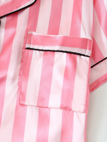 Two Sets of Youth Solid Color Striped Shorts and Short Sleeve Pajama Set, for Teenager