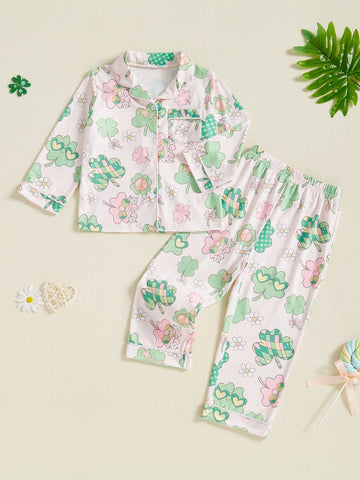 Kids Toddler Spring Pajama Sets Shamrock Pattern Button V Neck Long Sleeve Tops and Pants Lounge Wear 2pcs Set