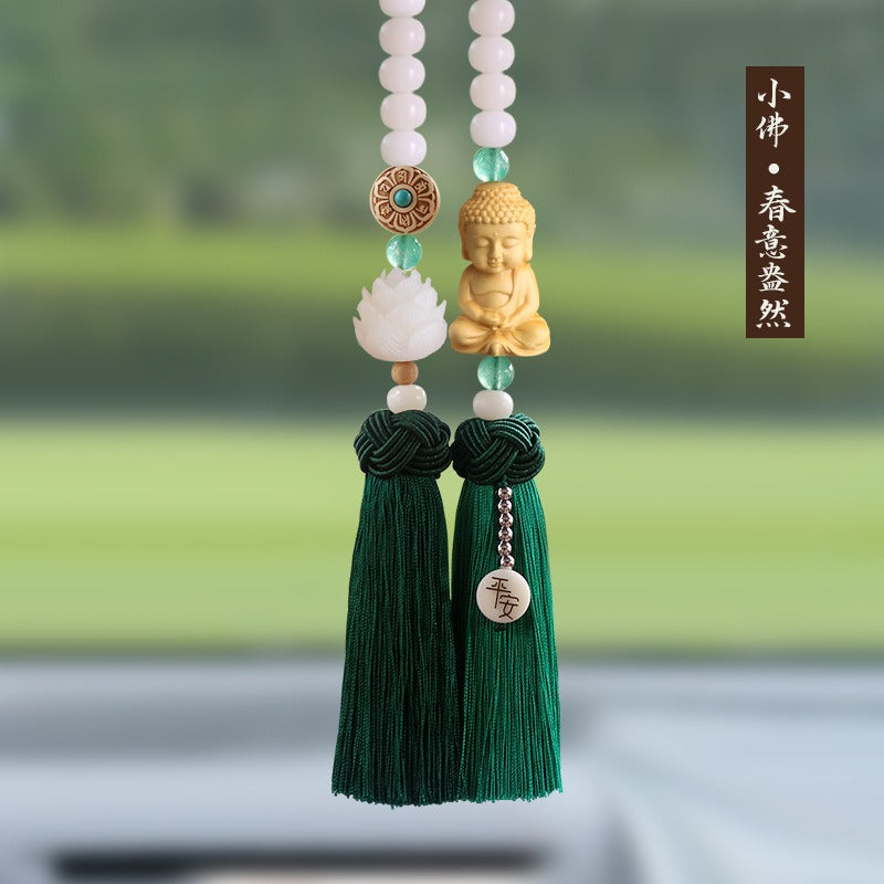 Handmade Artificial Jade-like White Bodhi Wood-like Car Pendant - Buddhist Guanyin\u002FBuddha Statue with Prayer Beads-like Tassel, Feng Shui Spiritual Amulet for Good Luck & Peace, Vehicle Ornament for, Trucks, Buses (Authentic