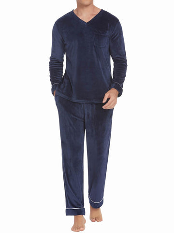 ELESOL Unisex Velvet Pajama Set, Casual V-Neck Long Sleeve Knit Fabric Sleepwear, Polyester & Spandex Blend, Solid Color Loungewear with Pockets, for Fall\u002FWinter