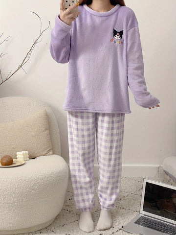 Sanrio Women'S Cozy Fleece Pajama Set - Cute Cartoon Dog & for Hello Kitty Pattern, Plaid Pants, Long Sleeve Top, All-Season Wear, Soft & Warm, Perfect for Teens, Cozy Loungewear | Cartoon Print Top | Soft Fabric Pajamas, Cute Pajamas