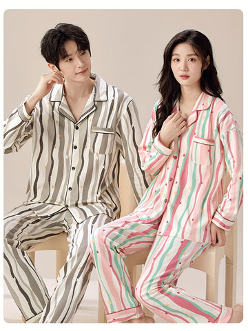 Couples' Pajama Set - Matching Long Sleeve Shirt & Pants Loungewear with Notch Collar & Button-Front Closure, Soft Striped All-Season Comfort, Unisex Full-Length Sleepwear for Men & Women, Cozy Casual Lounge Outfit (Striped Pattern, Easy Care)