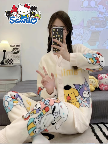 2pcs Sanrio Genuine Authorization, Hello Kitty Family Cartoon Pattern Long-sleeved Thickened Upgraded Pajama Set, Thick Warm Loungewear, Sweet And Cute Pajamas, Cardigan Loungewear Can Be Worn Outside, The Best Choice for Family And Friends