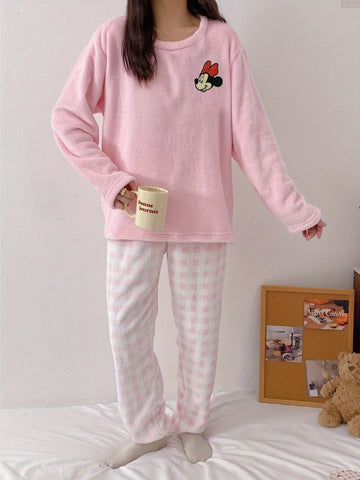 Winter Warm Fleece Pajama Set, Cute Mickey Mouse and Stitch Pattern Sleepwear, ' Style Home Outfit -, Winter Pajamas For Women, Pajama Sets Women Winter, Pajamas Winter Woman