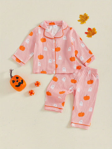 2pcs Girls Halloween Pajamas Set Long Sleeve Pumpkin Print Button Shirts and Pants Set Sleepwear