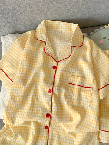 Ladies' Casual Home Wear Two-piece Set with Checkered Print Summer Pajamas Set, Short Sleeved Button Up Cardigan, Lapel Shirt, Shorts, s' Casual Home Wear