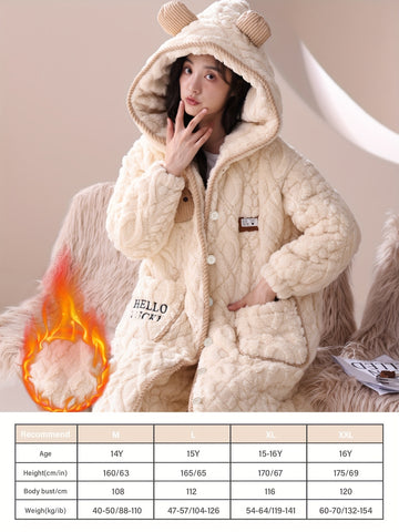 Girls' Flannel Hooded Sleepwear Set, Thickened Fleece-Lined Cartoon Long Sleeves and Pants for Autumn\u002FWinter Warm Home Outfit