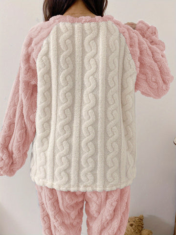 Youth Winter Warm Fleece Pajamas Set, Cute Bear Pattern Casual Home Wear Set, For Teenager