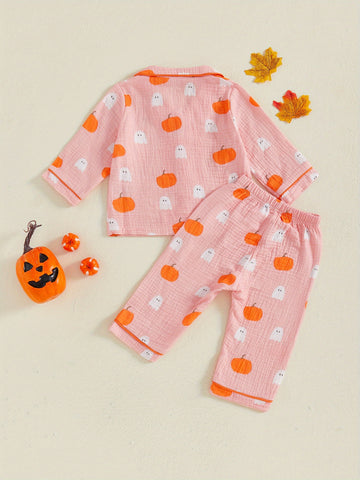 2pcs Girls Halloween Pajamas Set Long Sleeve Pumpkin Print Button Shirts and Pants Set Sleepwear