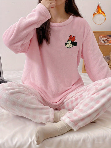 Winter Warm Fleece Pajama Set, Cute Mickey Mouse and Stitch Pattern Sleepwear, ' Style Home Outfit -, Winter Pajamas For Women, Pajama Sets Women Winter, Pajamas Winter Woman