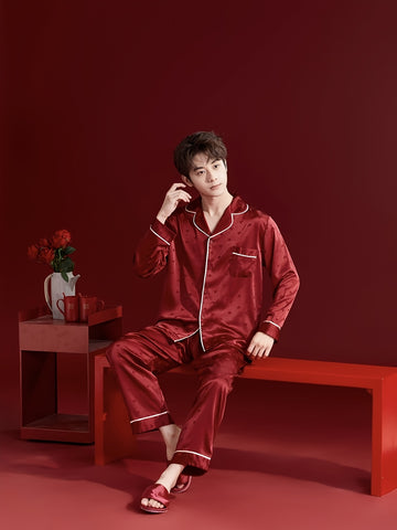 Christmas Love Heart Men's Pajamas Couple Set, Autumn-Winter Wedding Style Long Sleeve and Pants Set