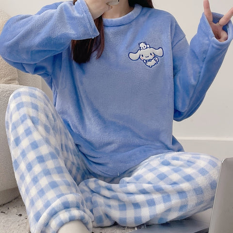 Sanrio Women'S Cozy Fleece Pajama Set - Cute Cartoon Dog & for Hello Kitty Pattern, Plaid Pants, Long Sleeve Top, All-Season Wear, Soft & Warm, Perfect for Teens, Cozy Loungewear | Cartoon Print Top | Soft Fabric Pajamas, Cute Pajamas