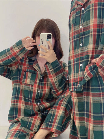 Christmas Couple's Long Sleeve Vintage Plaid Print Pajama Set Open Front Button-Up Top and Pants