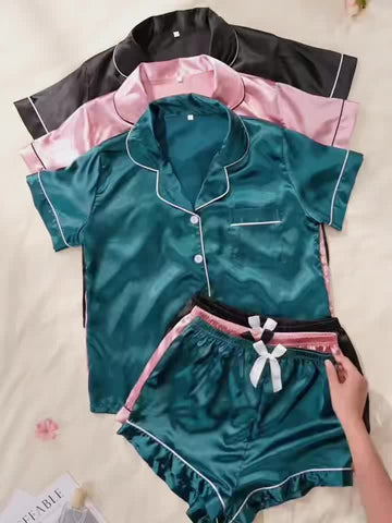 Ladies' Satin Plain Elegant Home Pajama Set