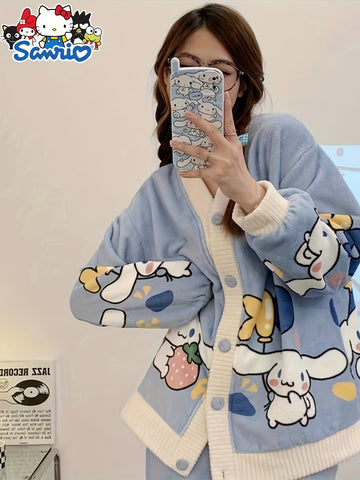 2pcs Sanrio Genuine Authorization, Cartoon Pattern Long-sleeved Pajama Set, Thick, Warm Loungewear, Sweet, Cute, Pajamas, Can Be Worn Outside, Loungewear Two-piece Set