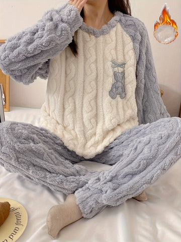 Youth Winter Warm Fleece Pajamas Set, Cute Bear Pattern Casual Home Wear Set, For Teenager