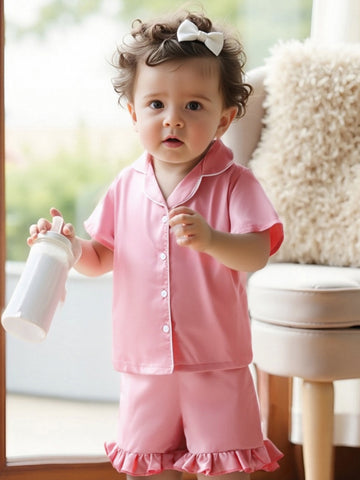 Youngsters Youngsters Youngsters Girl Summer Pajamas Set Silky Solid Color Short Sleeve Lapel V Neck Button Shirt Top Ribbon Elastic Waist Ruffle Shorts 2pcs Lounge Outfit