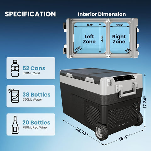 51 QT (48L) Portable Car Electric Cooler, 12V Refrigerator Fridge Freezer For Car, Dual Zone, -4F-68F, Wheels, AC\u002FDC Charger For Camping, Picnic, Travel, Road Trip, Black