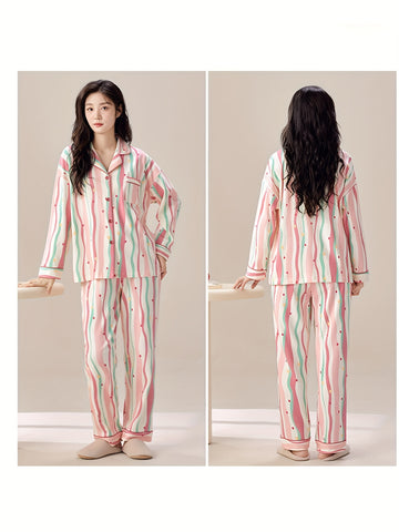 Couples' Pajama Set - Matching Long Sleeve Shirt & Pants Loungewear with Notch Collar & Button-Front Closure, Soft Striped All-Season Comfort, Unisex Full-Length Sleepwear for Men & Women, Cozy Casual Lounge Outfit (Striped Pattern, Easy Care)