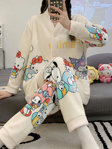 2pcs Sanrio Genuine Authorization, for Hello Kitty Family Cartoon Pattern Long-sleeved Thickened Upgraded Pajama Set, Thick Warm Loungewear, Sweet And Cute Pajamas, Cardigan Loungewear Can Be Worn Outside, The Best Choice For Family And Friends