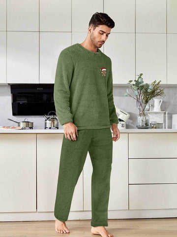 Men And Women Couple Fleece Pajama Set - Christmas Gingerbread Man Embroidery Design, Thickened for Autumn And Winter, Featuring a Round Neck Long Sleeve And Long Pants, Machine Washable (Single Piece Set)
