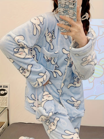 2pcs Sanrio Licensed Yu Gu Dog Pajama Sets - Cute Cartoon Winter & Autumn Thick Coral Fleece Pajamas with V-Neck & Long Sleeve, Cozy Full-Length Pajama Set for Teens, Birthday & Christmas Gifts (Sanrio Fans) - Home Wear Sleepwear, Loungewear Outfit