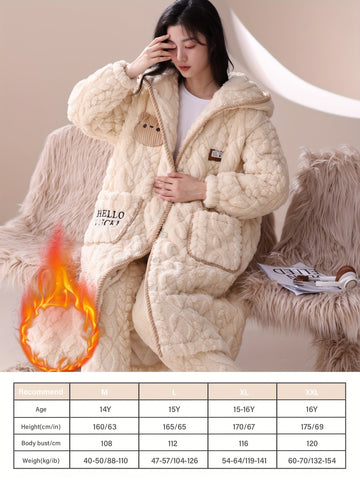 Girls' Flannel Hooded Sleepwear Set, Thickened Fleece-Lined Cartoon Long Sleeves and Pants for Autumn\u002FWinter Warm Home Outfit