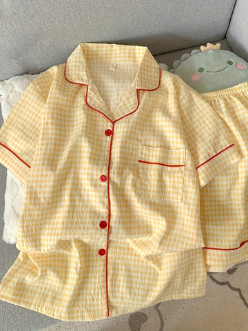 Ladies' Casual Home Wear Two-piece Set with Checkered Print Summer Pajamas Set, Short Sleeved Button Up Cardigan, Lapel Shirt, Shorts, s' Casual Home Wear