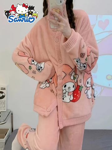 2pcs Sanrio Genuine Authorization, Cartoon Pattern Long-sleeved Pajama Set, Thick, Warm Loungewear, Sweet, Cute, Pajamas, Can Be Worn Outside, Loungewear Two-piece Set