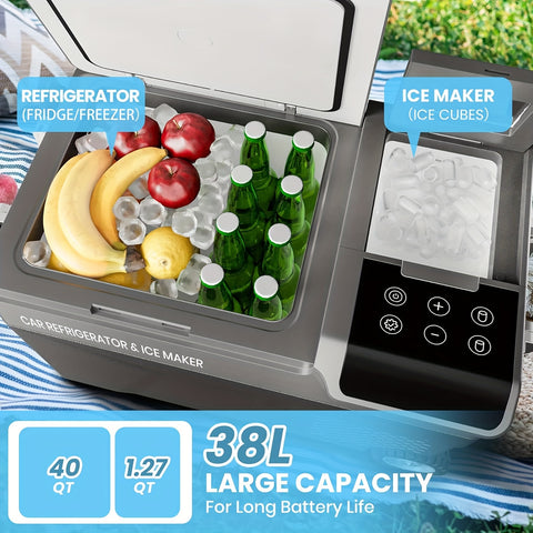 12 Volt Car Refrigerator with Ice Maker, 40QT Car Compressor Cooler with Wheels, Portable Refrigerator -4F-68F with AC\u002F DC Charger, Car Freezer for Travel, Home, Camping, Outdoor (no Battery), Car Fridge Freezer, Portable Car Refrigerator, Refrigerat