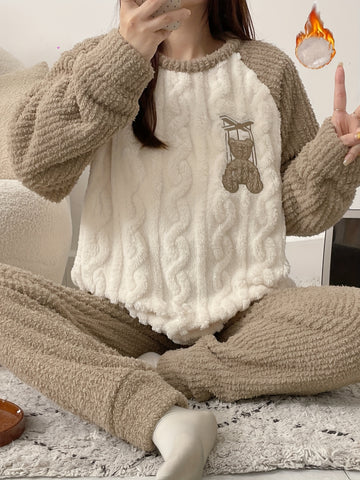 Youth Winter Warm Fleece Pajamas Set, Cute Bear Pattern Casual Home Wear Set, For Teenager
