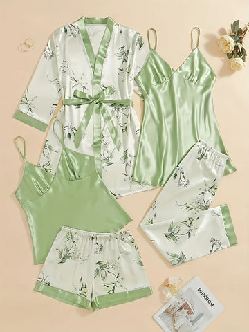 5pcs Satin Pajama Set, Including Outerwear, Long Camisole, Short Camisole, Pants, Shorts, Women's Sleepwear&home Wear, Camisole Sleepwear Simple, Fashionable, Comfortable And Loose Pajama Set