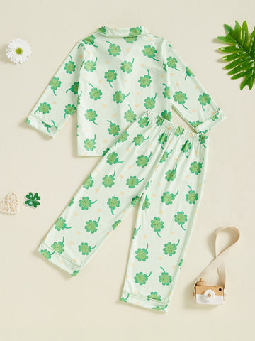 Kids Toddler Spring Pajama Sets Shamrock Pattern Button V Neck Long Sleeve Tops and Pants Lounge Wear 2pcs Set