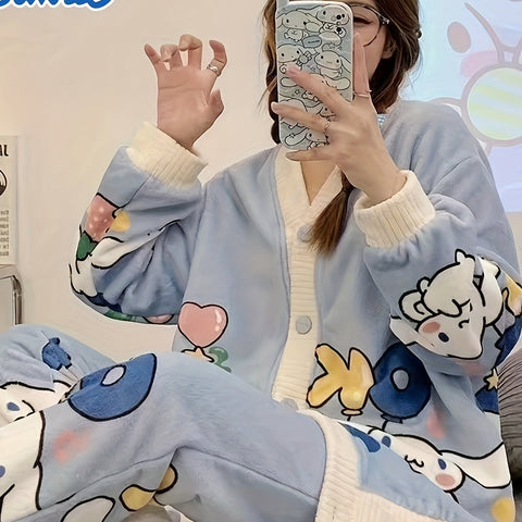 2pcs Sanrio Genuine Authorization, Cartoon Pattern Long-sleeved Pajama Set, Thick, Warm Loungewear, Sweet, Cute, Pajamas, Can Be Worn Outside, Loungewear Two-piece Set
