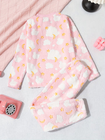 Girls' cartoon printed plush top with two pieces of Fleece pants, girls' autumn and winter suit