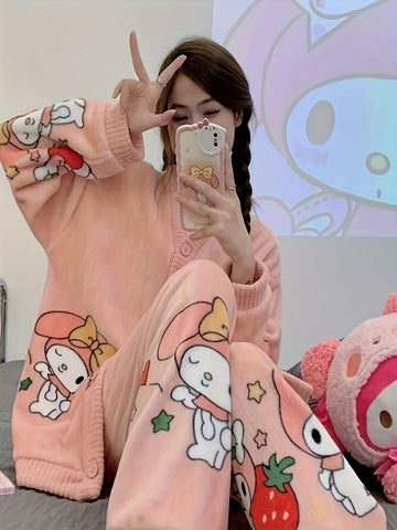 2pcs Sanrio Genuine Authorization, Cartoon Pattern Long-sleeved Pajama Set, Thick, Warm Loungewear, Sweet, Cute, Pajamas, Can Be Worn Outside, Loungewear Two-piece Set