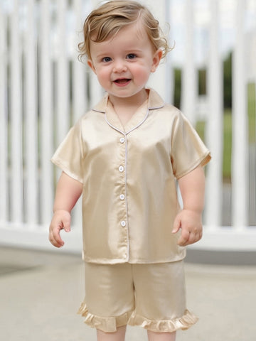 Youngsters Youngsters Youngsters Girl Summer Pajamas Set Silky Solid Color Short Sleeve Lapel V Neck Button Shirt Top Ribbon Elastic Waist Ruffle Shorts 2pcs Lounge Outfit