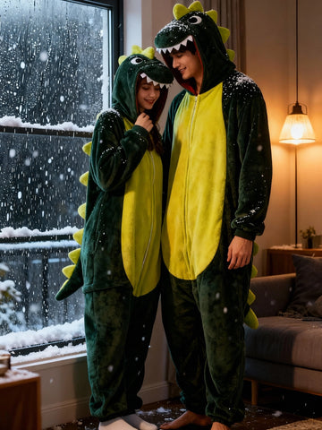 Roarsome Dinosaur Couple Onesie Set - Soft Flannel Matching Dinosaur Costume Pajamas with Hood, Long Sleeve Winter Sleepwear for Couples, Cute Animal Outfit with Spikes & Tail, Valentine'S Day & Anniversary Gift for Adults (Green\u002FYellow