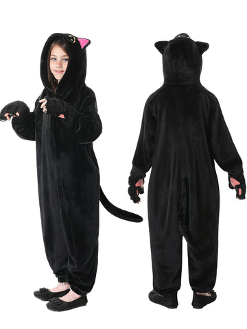 Girls Black Cat Onesie Pajamas Costume, Soft Plush Warm Sleepwear With Gloves And Cat Stickers, Perfect For Halloween, Cosplay, Dress Up, Role Play, Costume Parties, Themed Events, Winter Loungewear Outfit