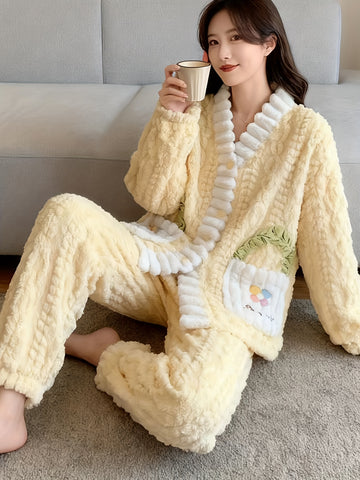 Cartoon Embroidered Pocket Contrast Coral Fleece Set, Autumn and Winter Women'S 2025 New Model Velvet Thickened Warm Pajama Outfit