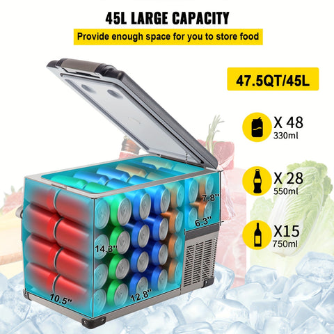 VEVOR 12 Volt Refrigerator 11.89gal(48qt) Fast Cooling Portable Freezer With App Control Car Fridge With 12\u002F24v DC & 110-240v AC For Travel, Camping And Home Use, 48 Quart, Black