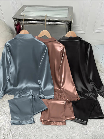 3pcs Women'S Satin Set - Casual Solid Color Long Sleeve Shirt & Elastic Waist Pants, Turn- Collar, Button Detail, Polyester, Autumn Winter Pajamas, Comfortable Loungewear|Casual Style|Polyester Fabric