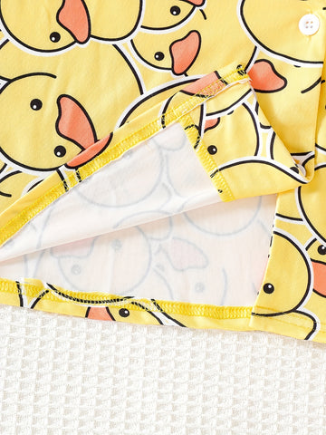 Summer Youth Girls' Pajamas Short Sleeve Cardigan Yellow Bottom Cartoon Yellow Duck Print Boys And Girls Can Wear Outerwear 2pcs Home Clothing Set