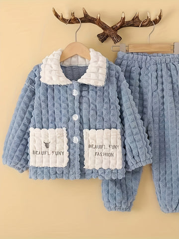 Boys' 2pcs Fall\u002FWinter Pajama Set, Casual Lapel Collar Knit Polyester Sleepwear with Alphabet Pattern, Thick Fleece-Lined with Pockets and Buttons, Regular Fit
