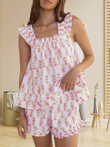 Teenager Womens Floral Print Pajama Sets Ruffle Trim Cami And Casual Shorts 2pcs Lounge Set PJ