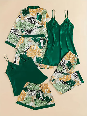 5pcs Satin Pajama Set, Including Outerwear, Long Camisole, Short Camisole, Pants, Shorts, Women's Sleepwear&home Wear, Camisole Sleepwear Simple, Fashionable, Comfortable And Loose Pajama Set