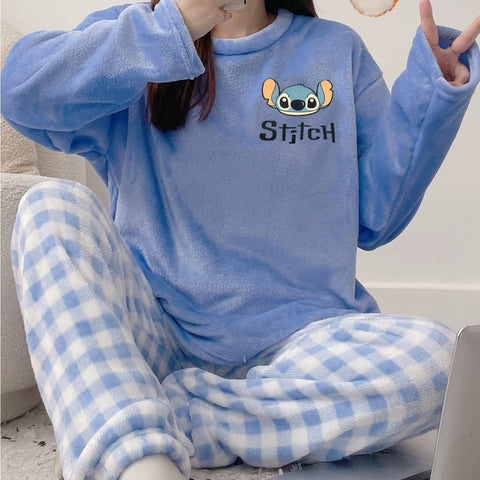 Winter Warm Fleece Pajama Set, Cute Mickey Mouse and Stitch Pattern Sleepwear, ' Style Home Outfit -, Winter Pajamas For Women, Pajama Sets Women Winter, Pajamas Winter Woman